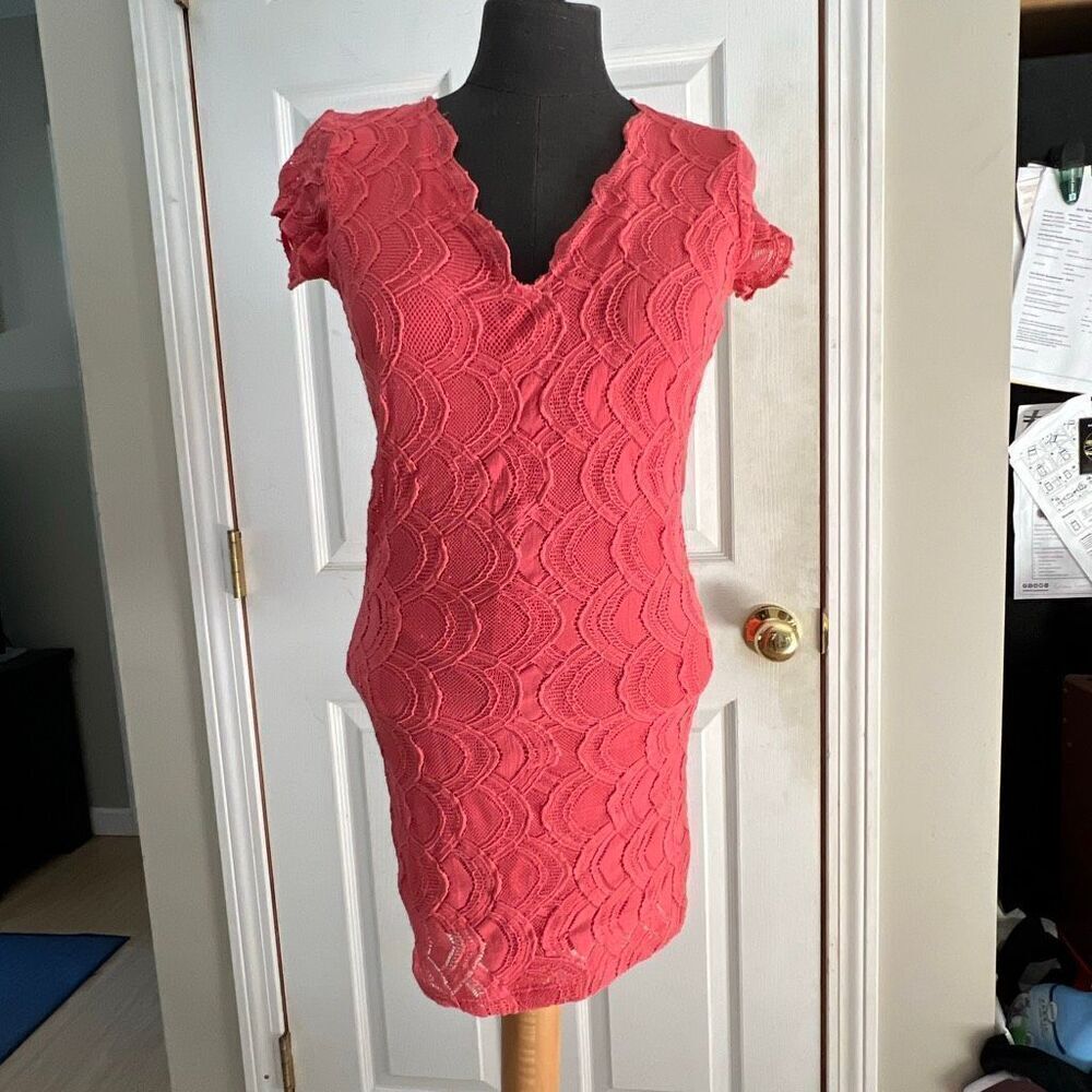 Nightcap Women's Dusty Coral Body Lace‎ Deep V-Neck Pencil Mini Dress